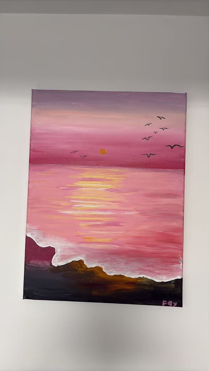 油画《海边日落》